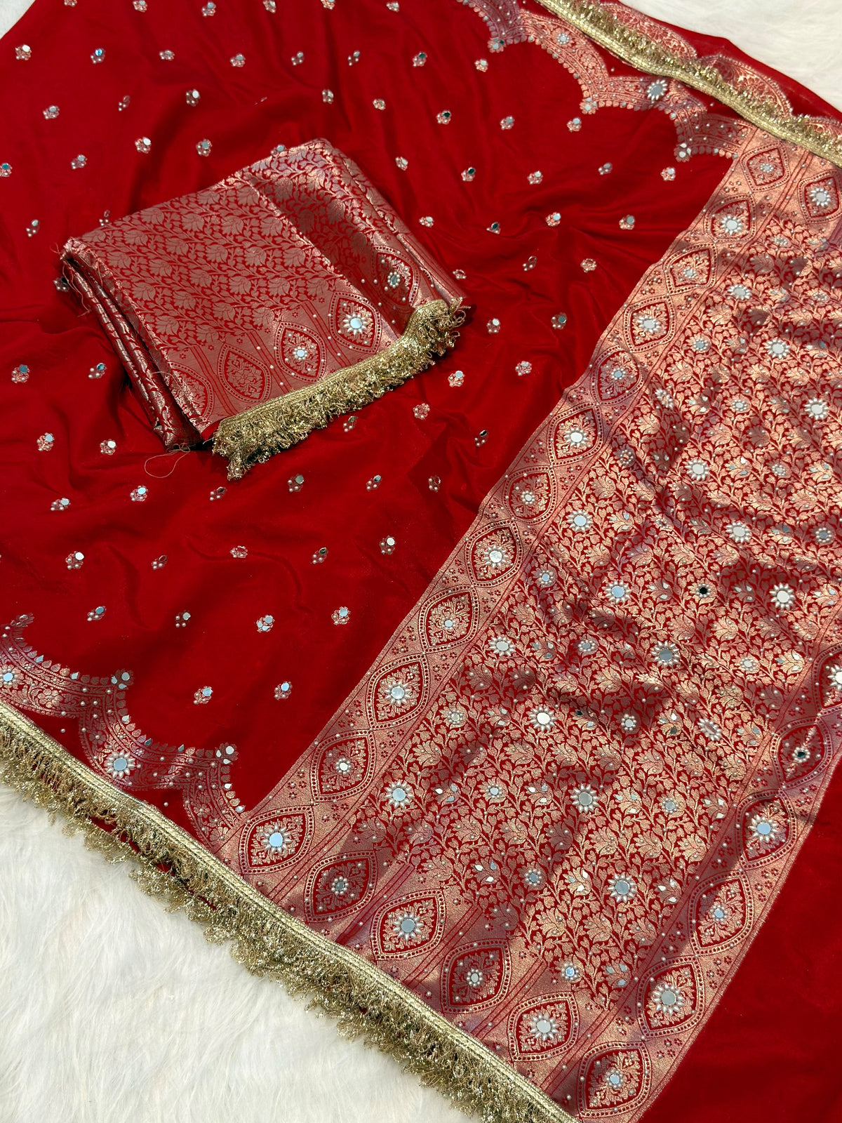 Elegant Soft Chiniya Katan Silk Saree with Mirror & Stone Work
