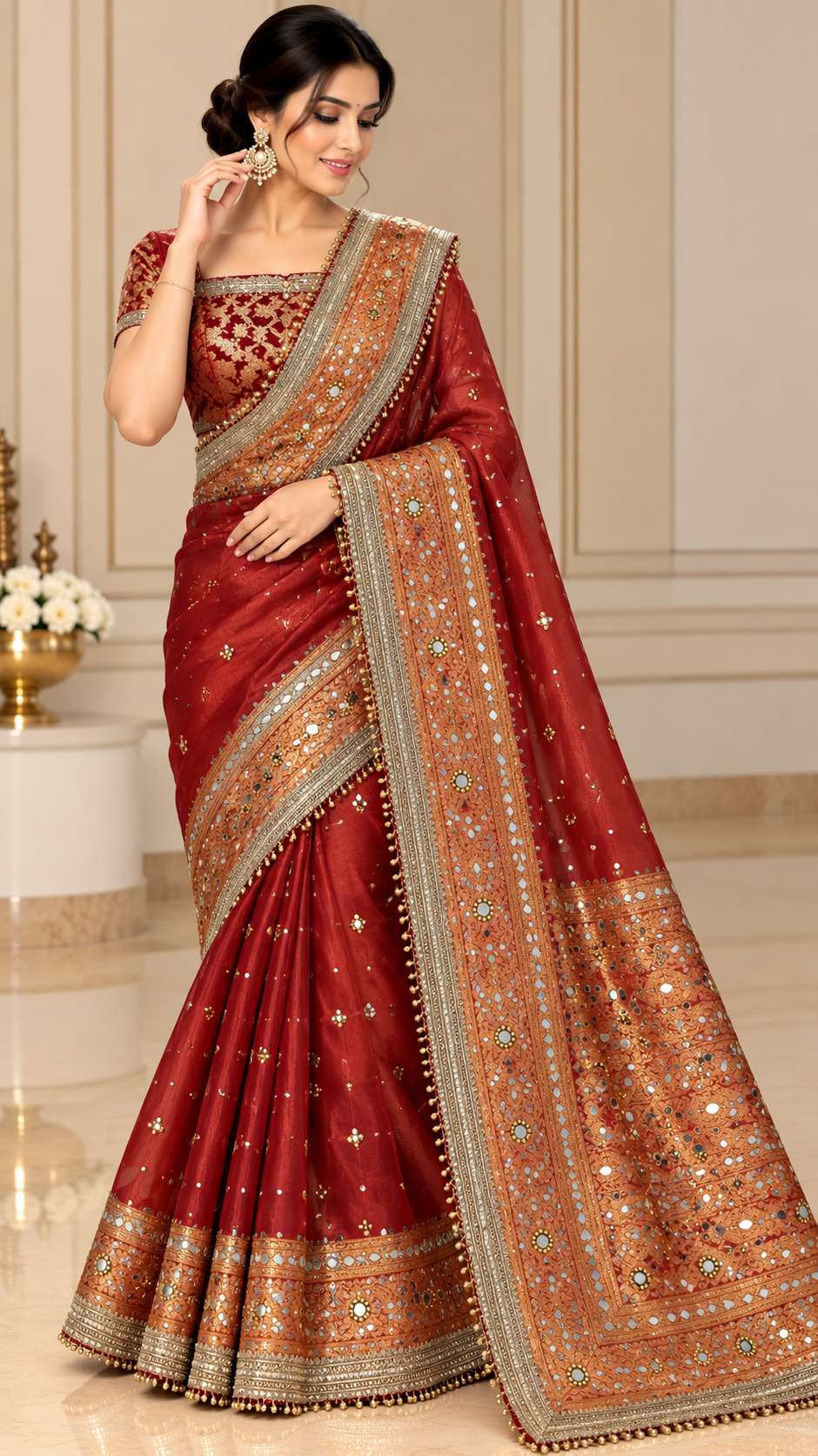 Premium Banarasi Tissue Silk Saree with Mirror, Stone & Ghungroo Work – Elegant Party Wear