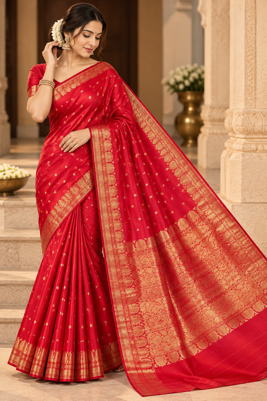 Chanderi Handloom Katan Silk Saree – Ghani Butta, Traditional Nakshi Border & Taraz Pallu
