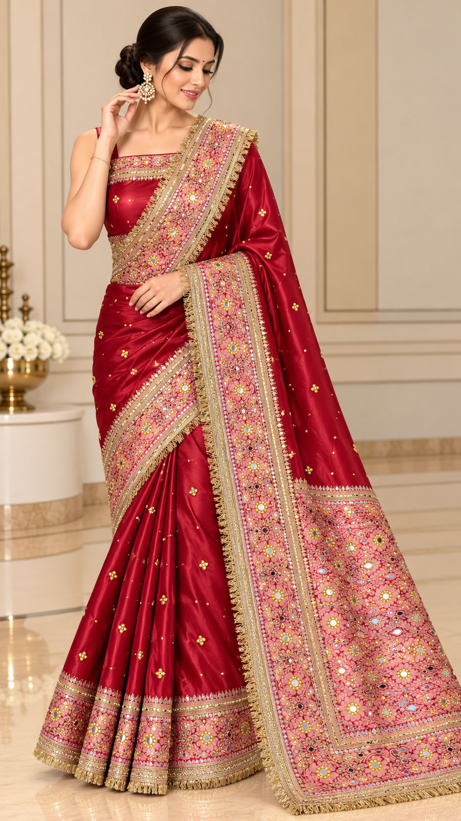 Red Banarasi Tissue Silk Saree with Mirror, Stone & Ghungroo Work – Elegant Party Wear