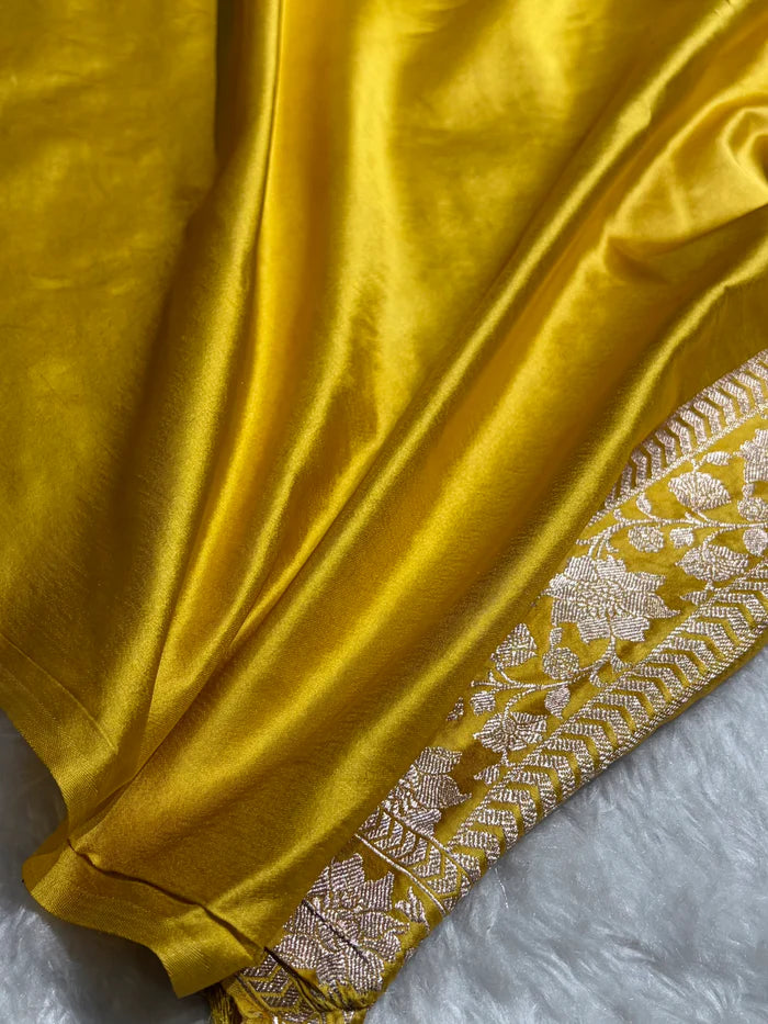 Mustard Banarasi Jaal With Meenakari Pattern Mashru Katan Silk Saree