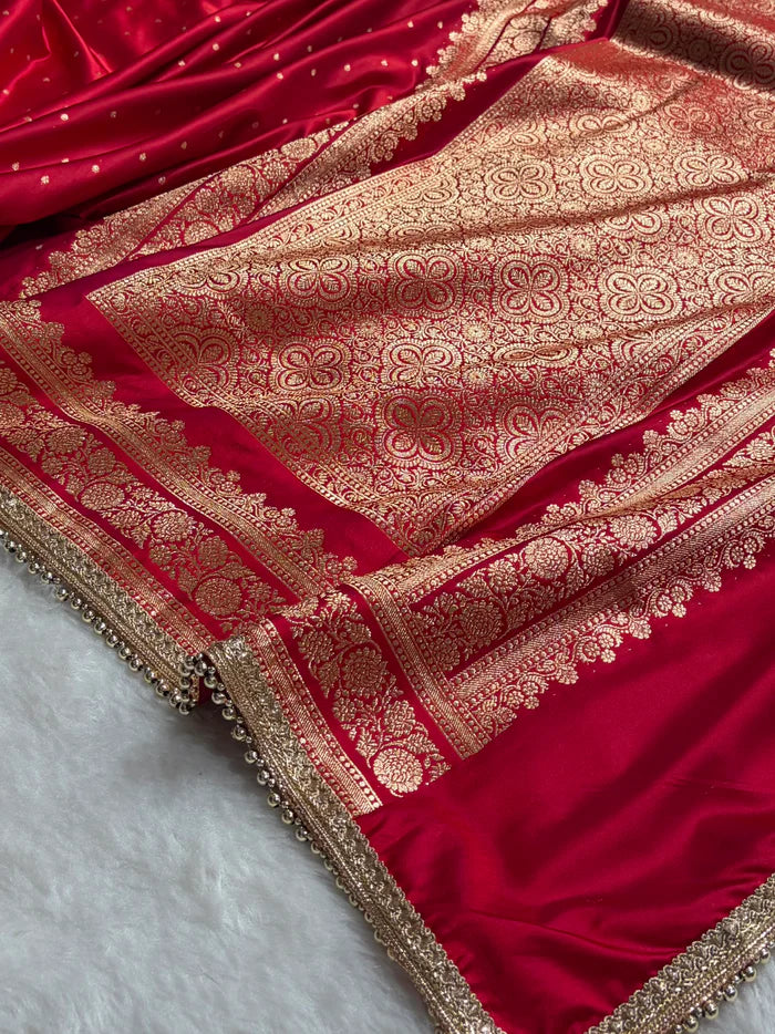 Banarasi Satin Katan Saree in Cross Red Shade with Gotta Patti Work