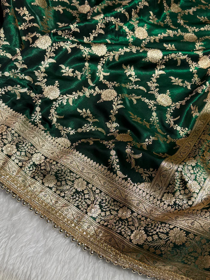 Elegant Bottle Green Banarasi Jaal Satin Katan Silk Saree with Gotta Patti Work