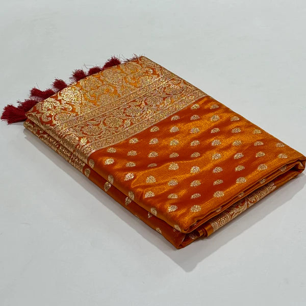 Satin Katan Silk Buti Orange Gold Saree