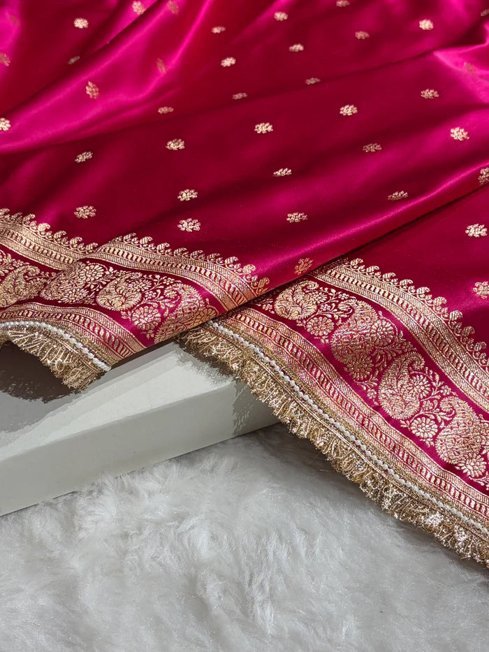 Banarasi Satin Katan Saree in Cross Rani Shade with Gotta Patti Boota
