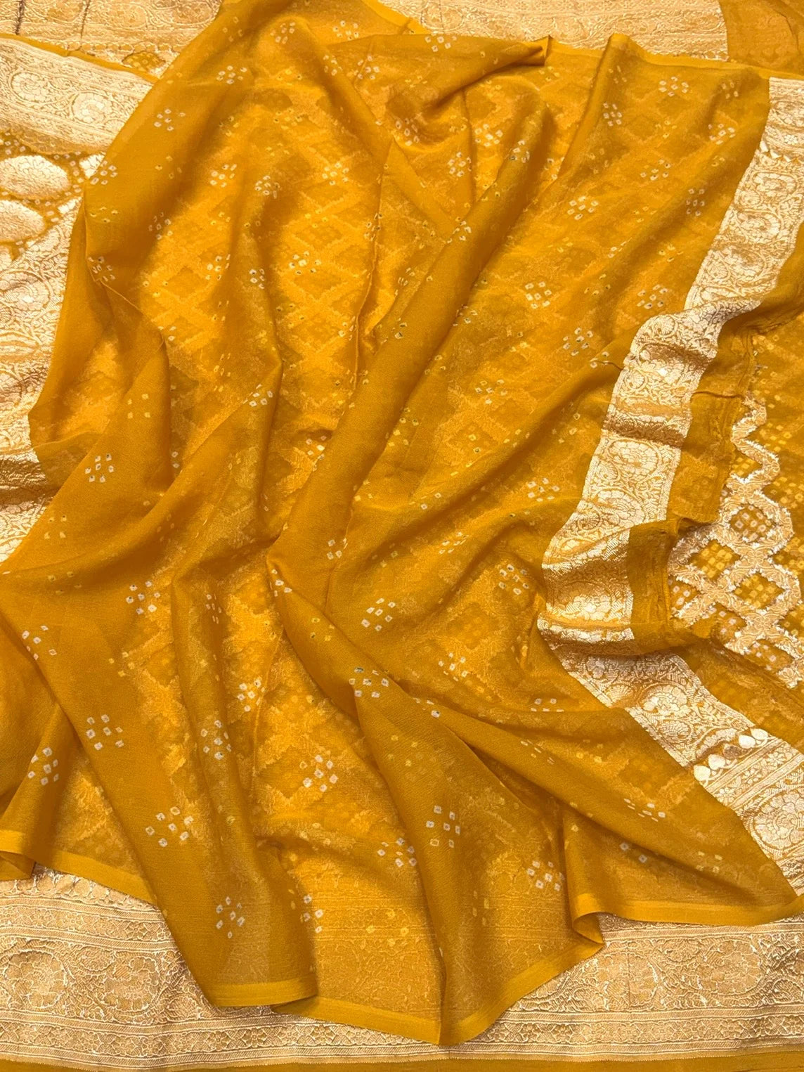 Mustard Yellow Banarasi Pure Bandhej Georgette Saree