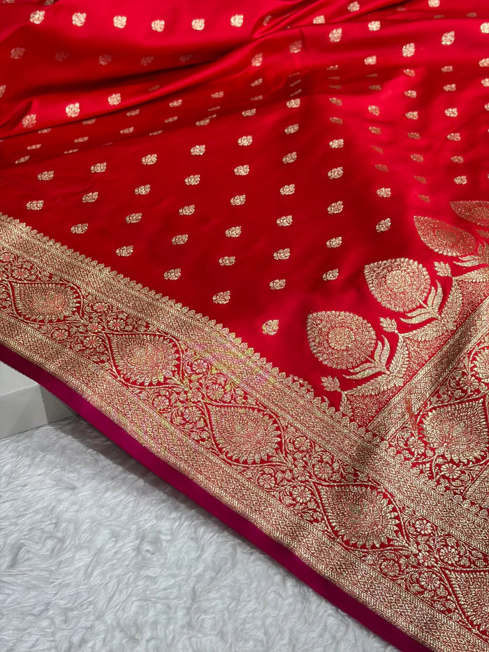 Royal Red Blended Satin Katan Silk Saree – A Statement of Timeless Elegance