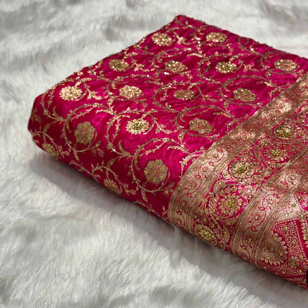 Pink Satin Katan Silk with Ari and Stone work Saree