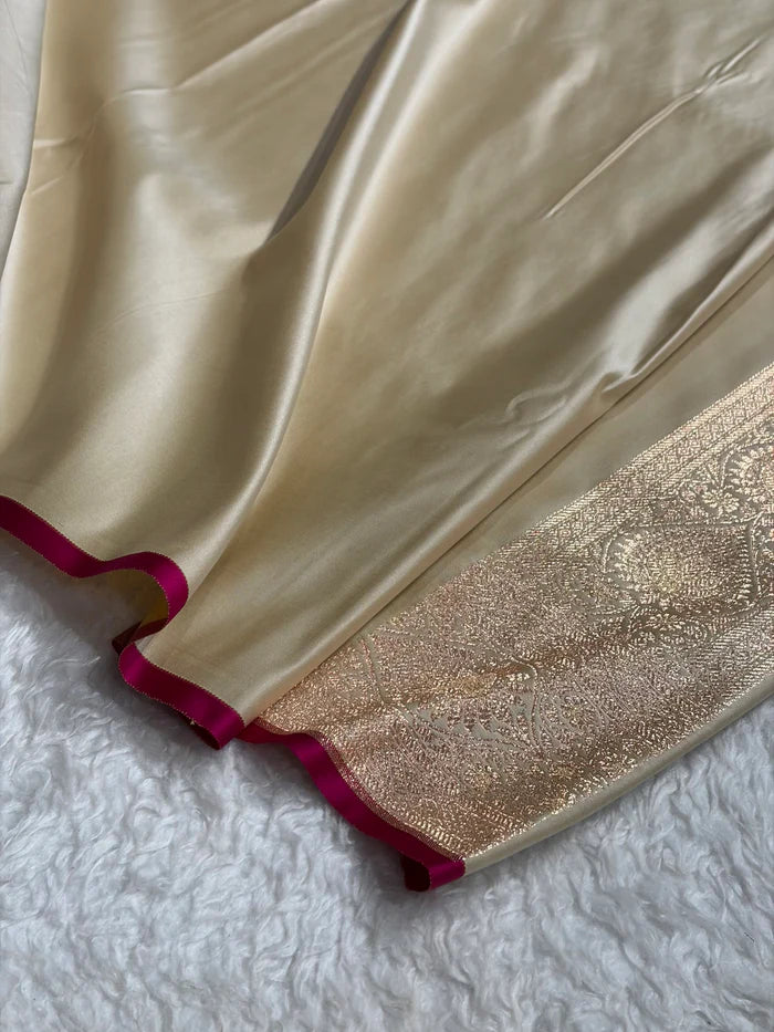 Light Beige Blended Satin Katan Silk Saree – Subtle Sophistication in Every Thread