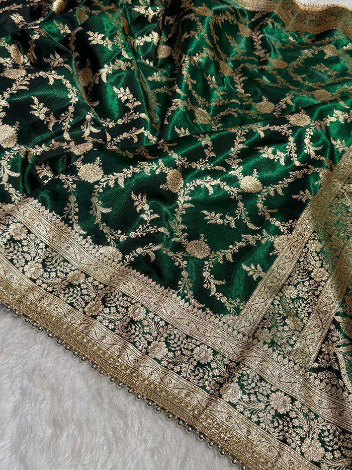 Elegant Bottle Green Banarasi Jaal Satin Katan Silk Saree with Gotta Patti Work
