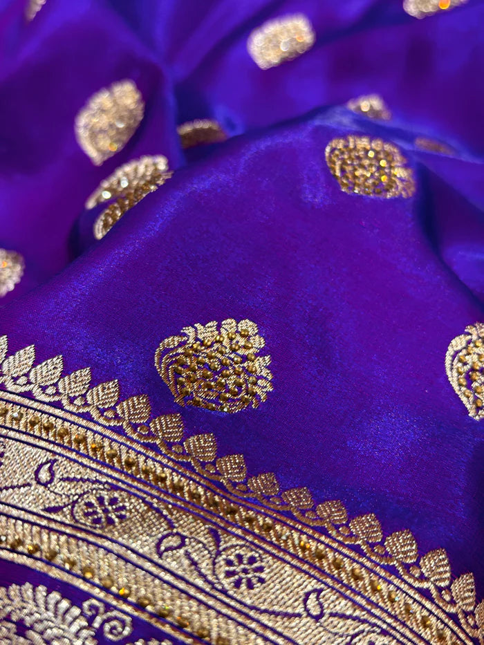 Purple Satin Katan Silk Saree Buta With Swarovski Work