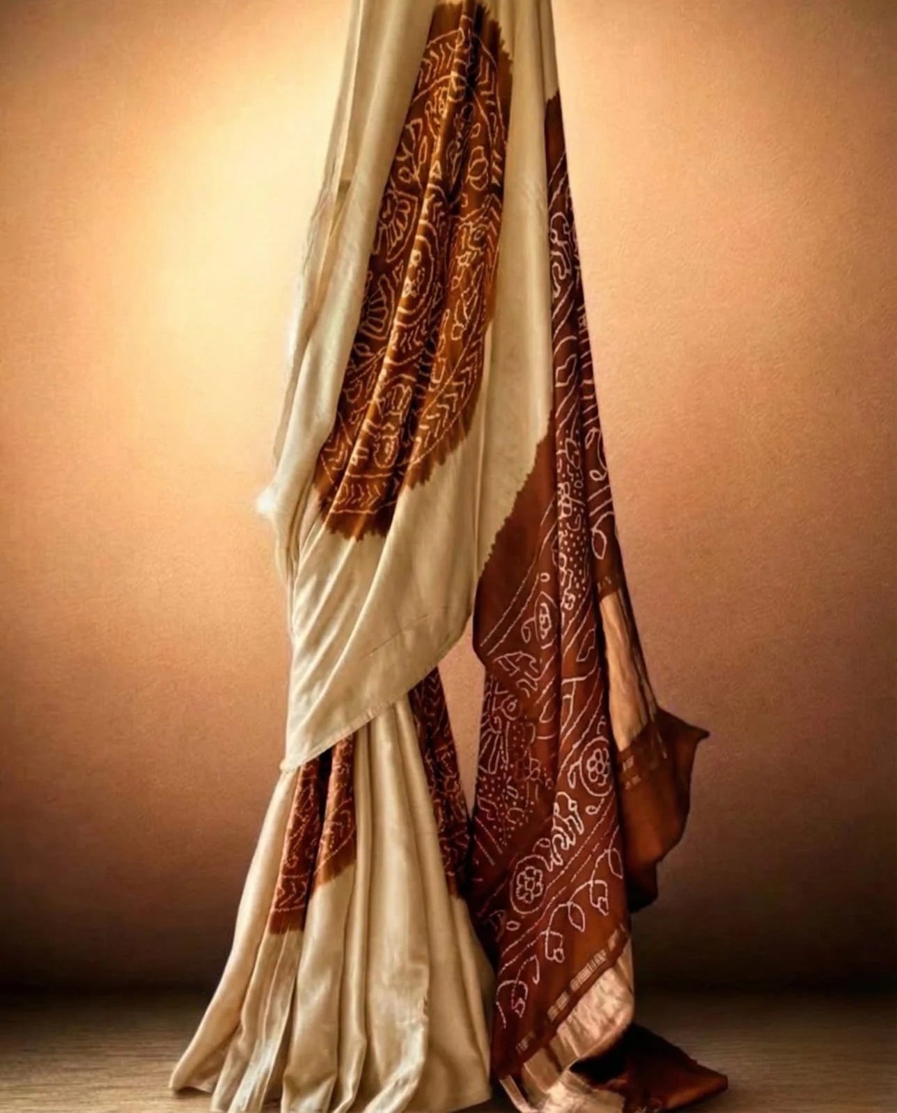 Timeless Elegance – Beige & Chocolate Brown Pure Gajji Silk Bandhani Saree