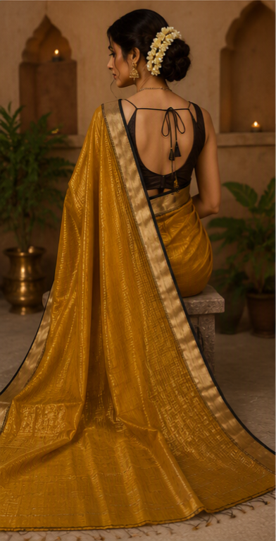 Maheshwari Handloom Silk Saree with Cotton & Golden Jari Border