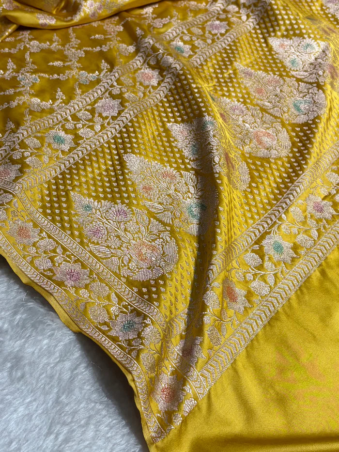 Mustard Banarasi Jaal With Meenakari Pattern Mashru Katan Silk Saree