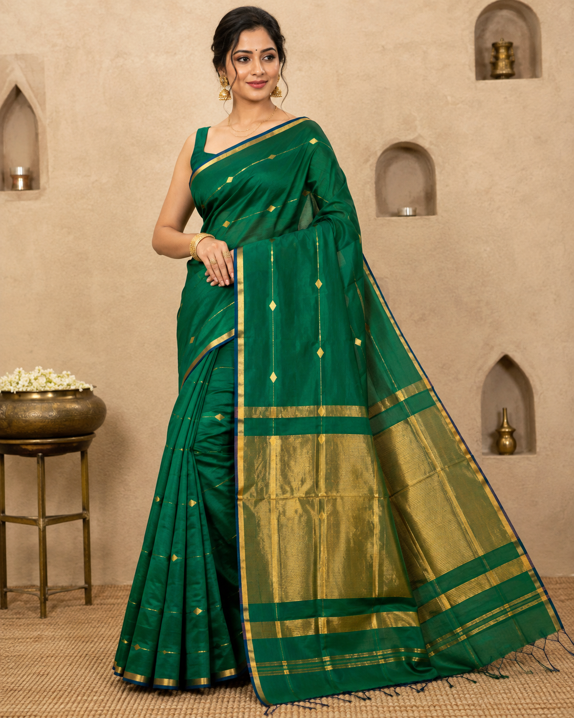 Maheshwari Handloom Silk By Cotton Green Saree With Golden Zari Border & Butti