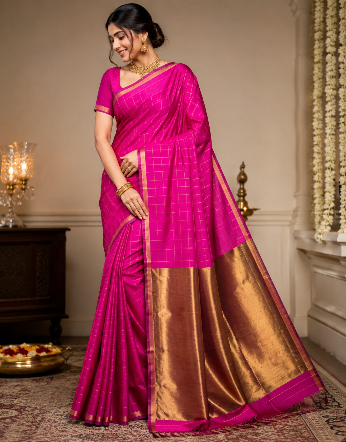 Rani Pink Pattu Silk Chanderi Handloom Saree With All-Over Checks, Small Border & Rich Zari Pallu