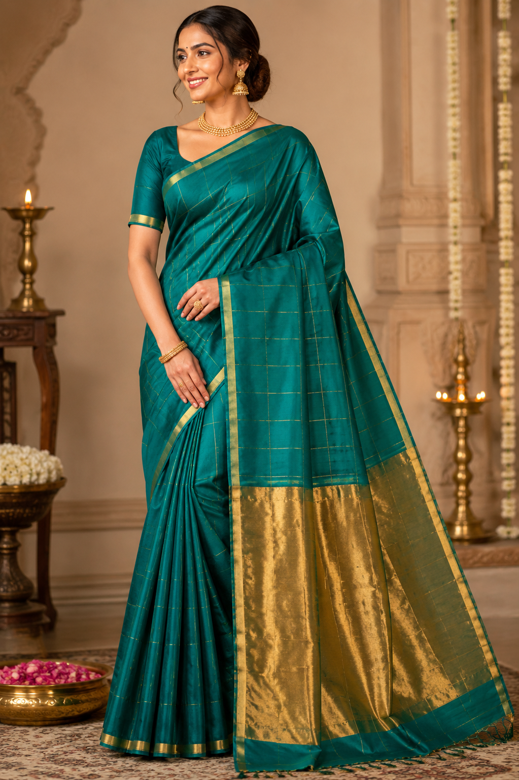 Pattu Silk All-Over Checks Chanderi Handloom Saree With Small Border & Zari Palla