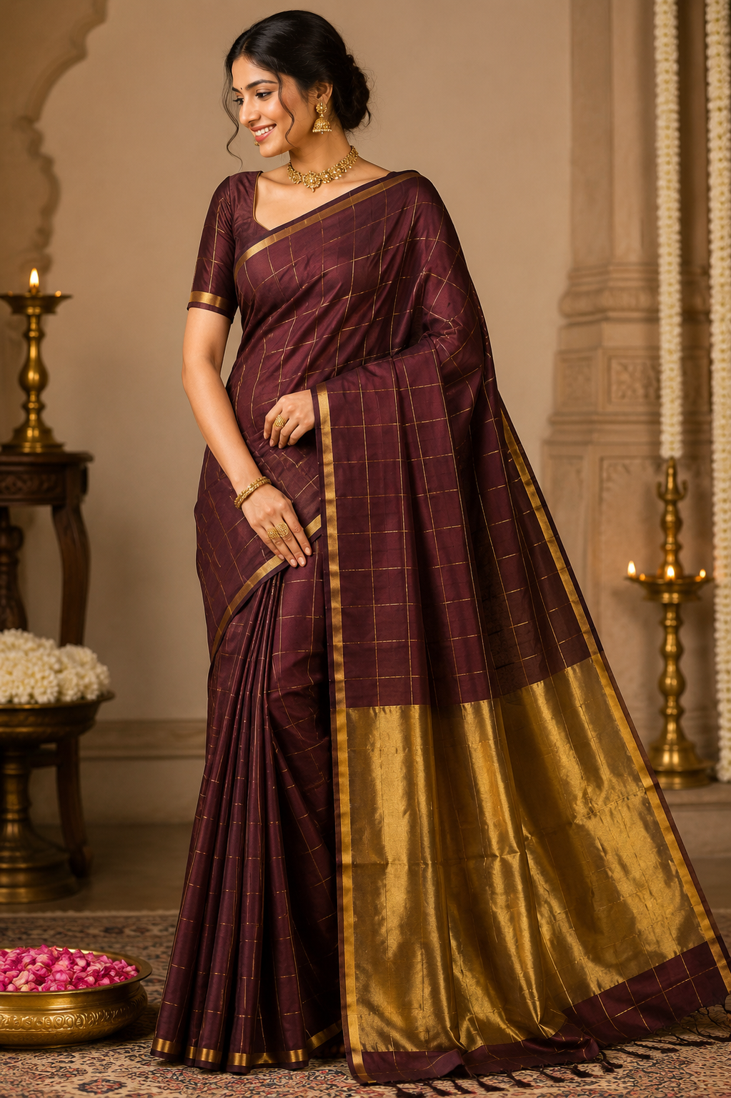 Pattu Silk All-Over Checks Chanderi Handloom Saree With Small Border & Zari Palla