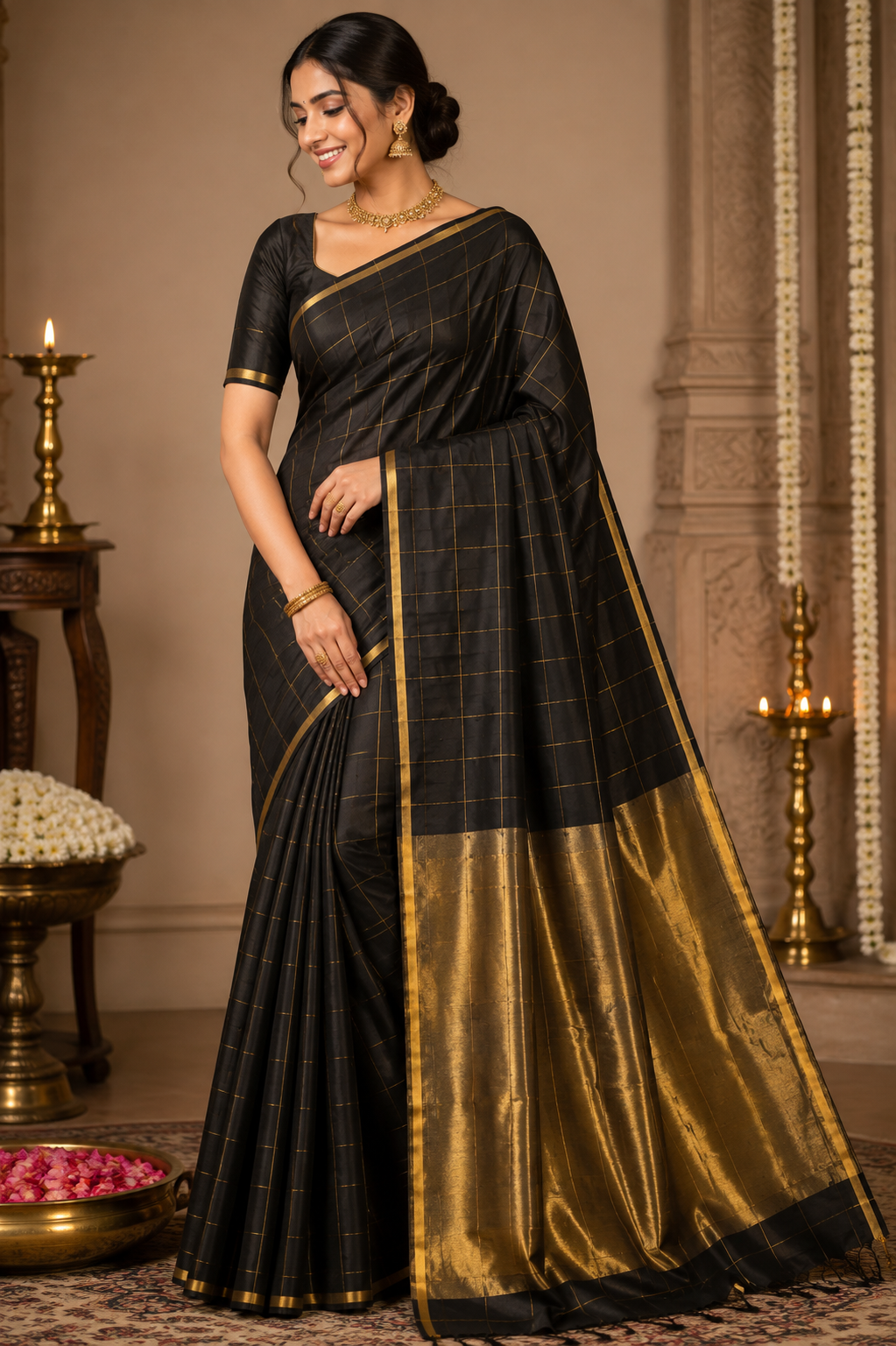 Pattu Silk All-Over Checks Chanderi Handloom Saree With Small Border & Zari Palla