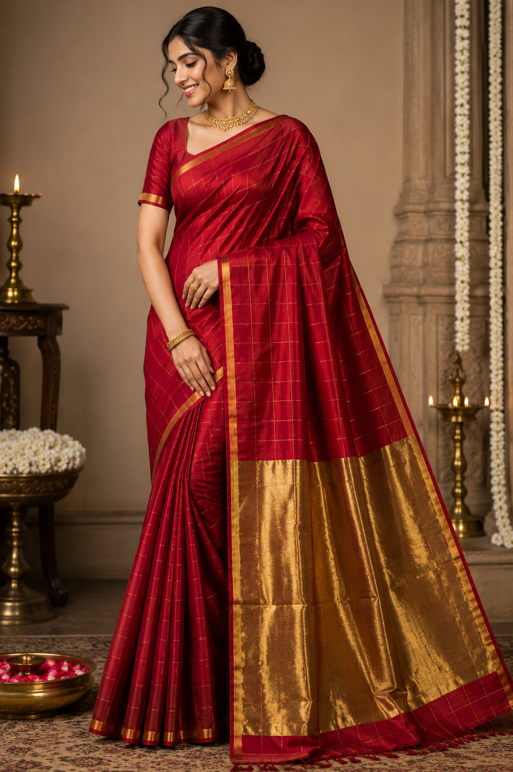 Pattu Silk All-Over Checks Chanderi Handloom Saree With Small Border & Zari Palla