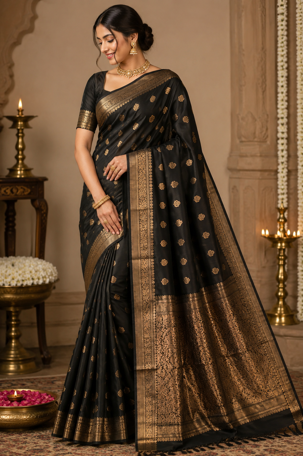 Chanderi Handloom Katan Silk Saree With All-Over Meenakari Butta, Traditional Nakshi Border & Taraz Pallu