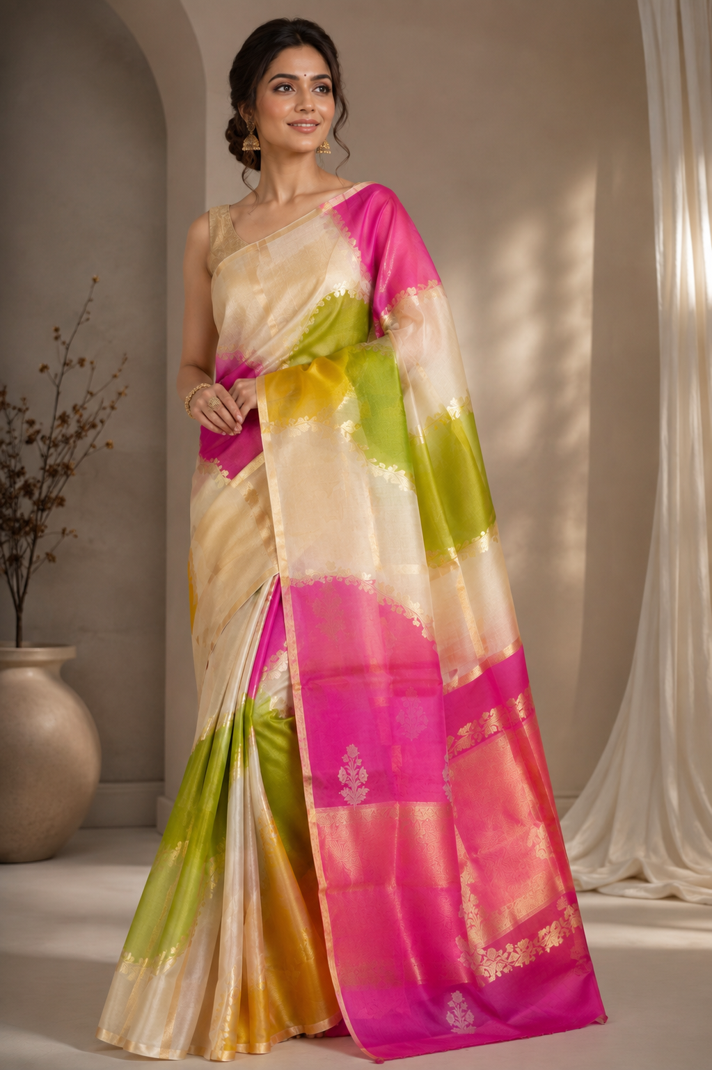 Premium Pure Rangkat Kora Handloom Silk Saree With Beautiful Aara Weaving