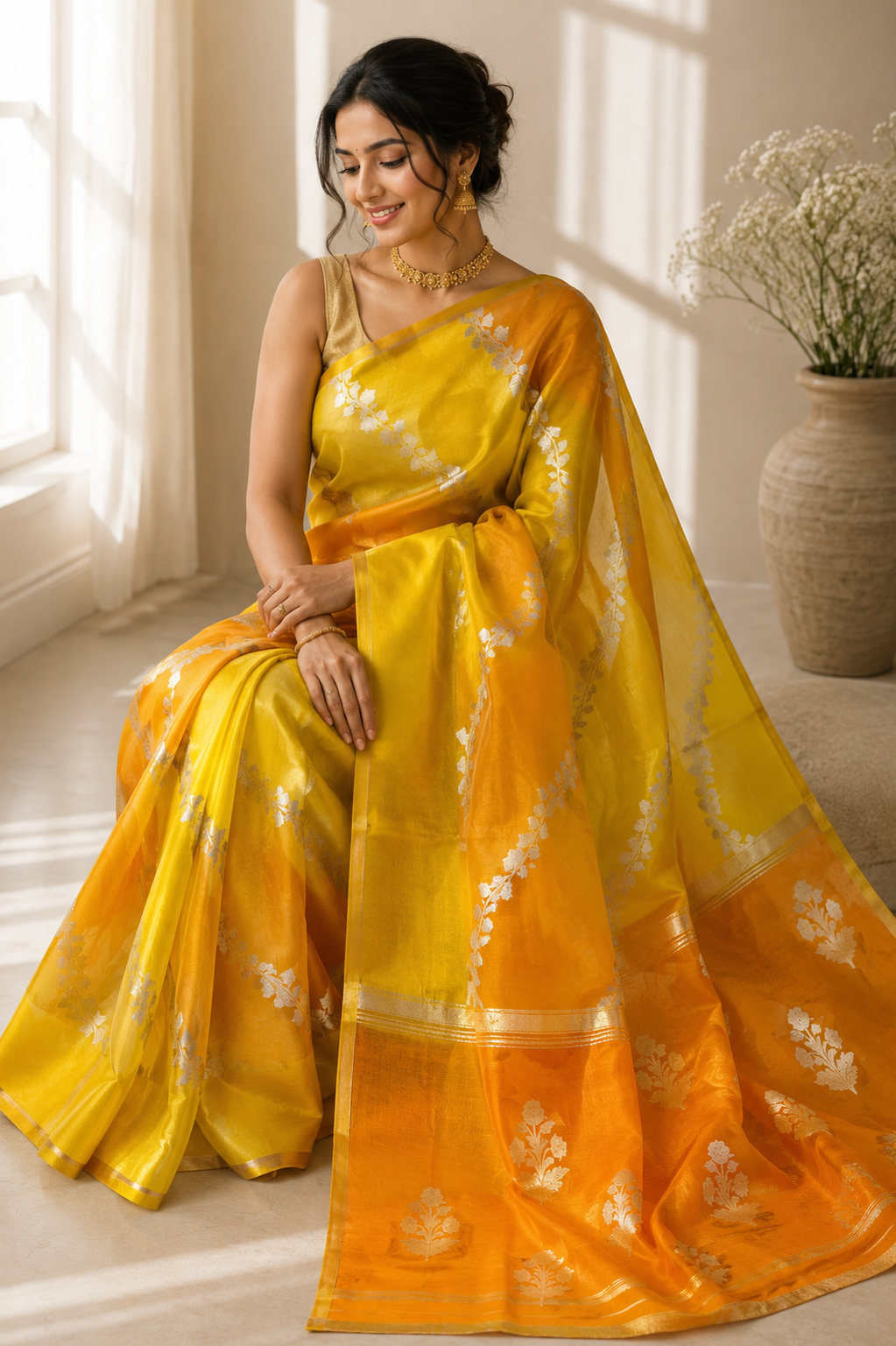 Premium Pure Rangkat Kora Handloom Silk Saree With Beautiful Aara Weaving