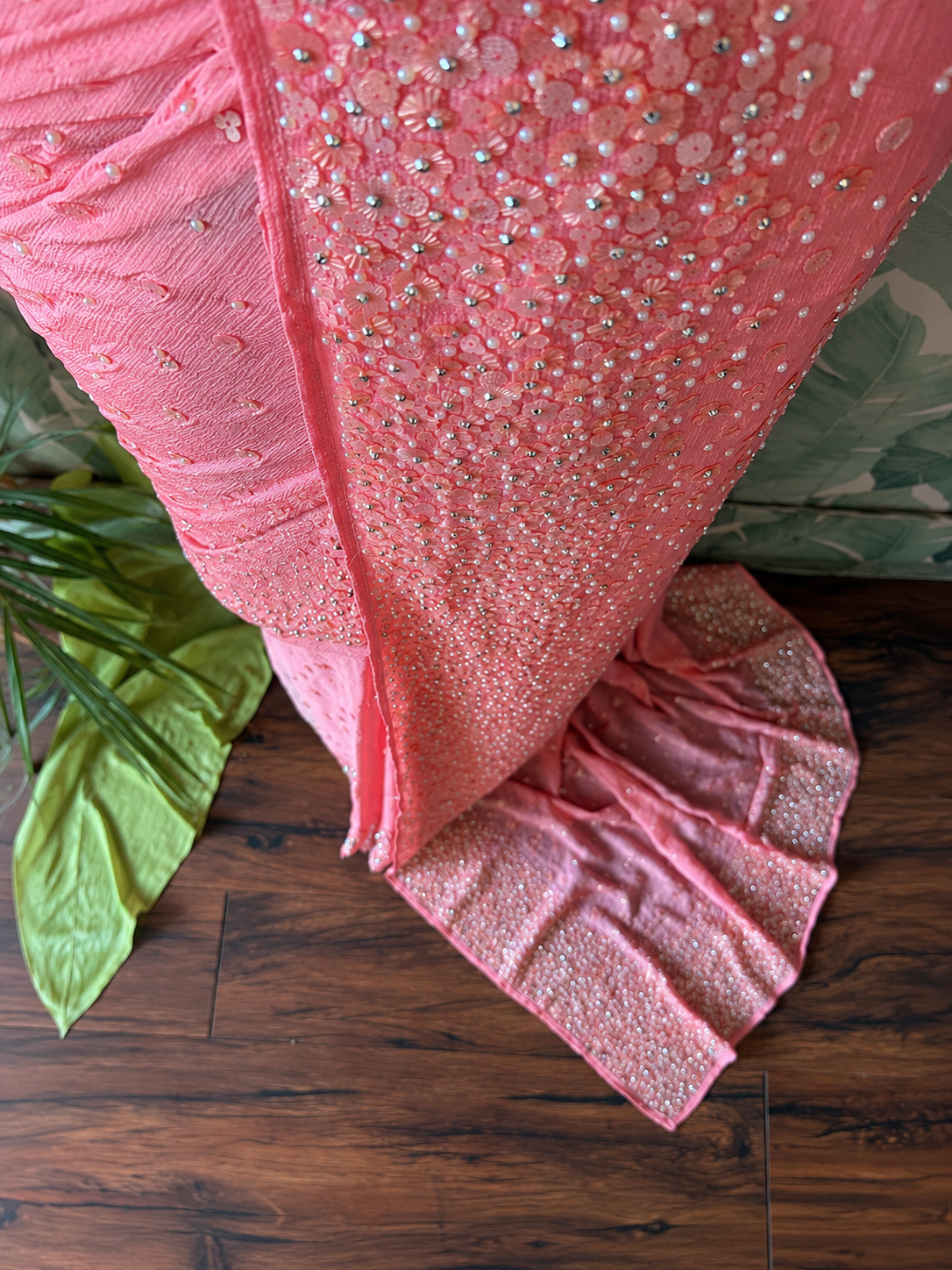 Premium pure chinnon/georgette pink saree with pearl sequins handwork