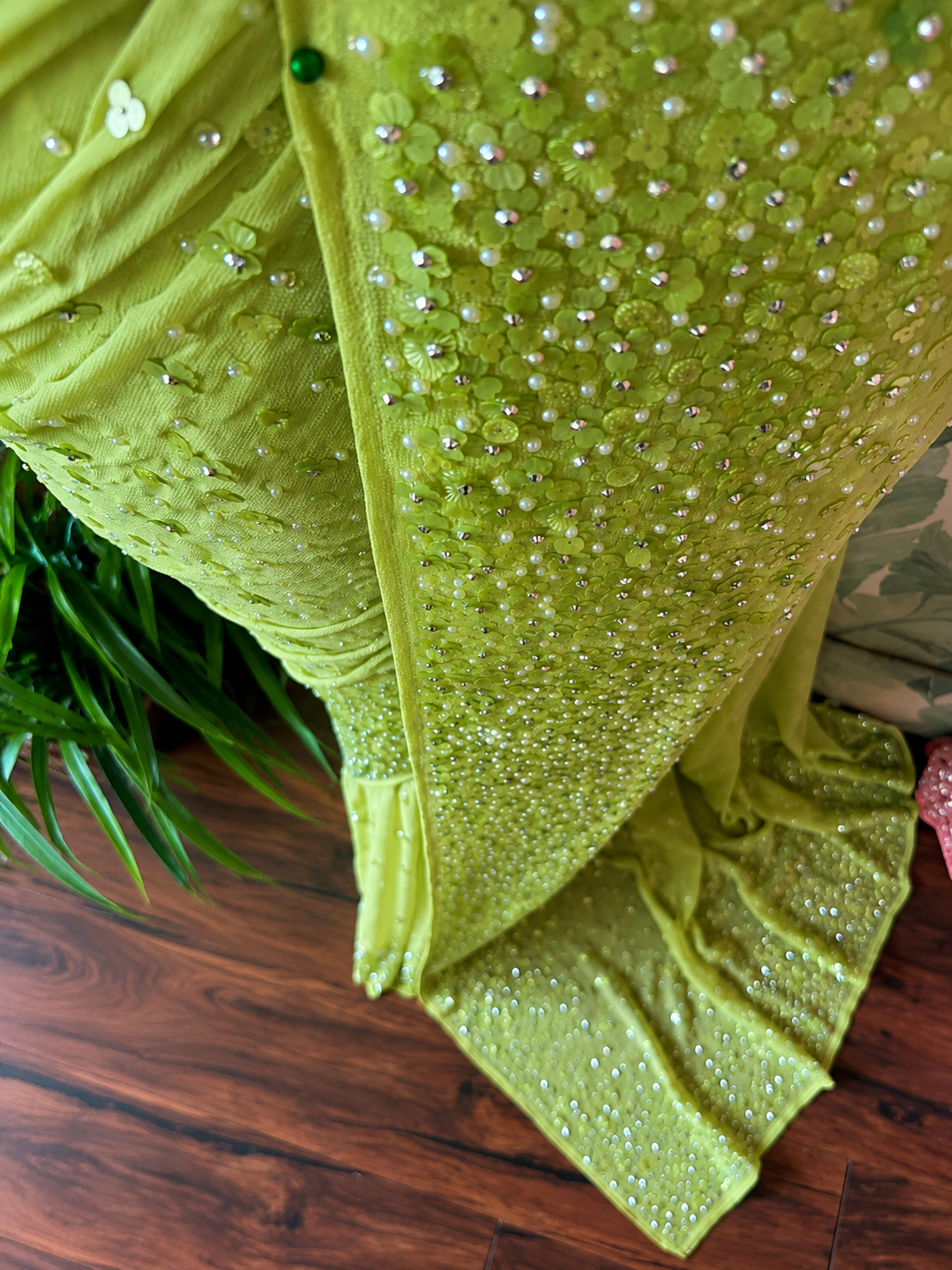 Premium pure chinnon/georgette lemon yellow saree with pearl sequins handwork
