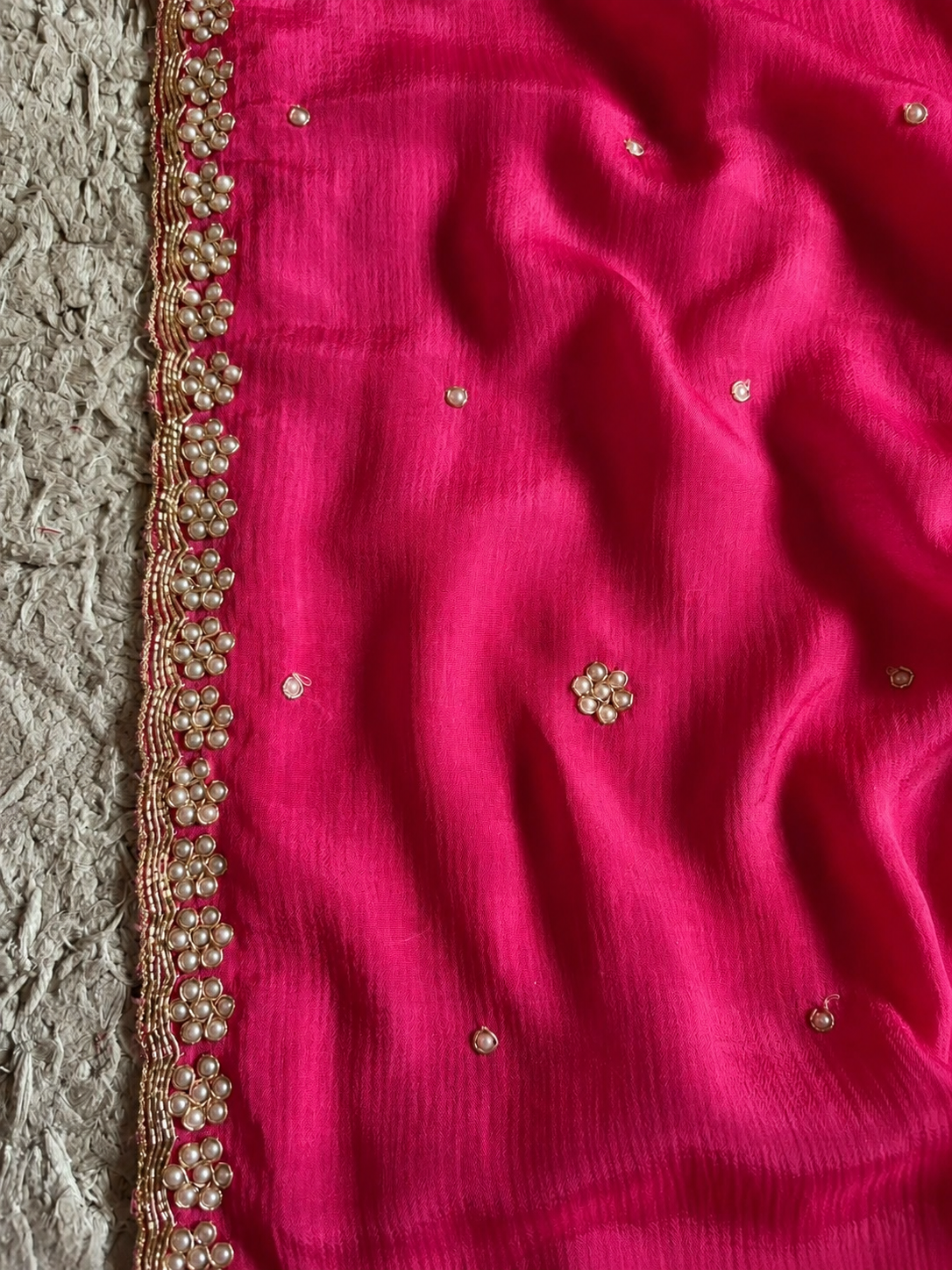 Pink Premium Pure Chinnon Crepe Silk Saree Embellished With Zardozi Pearl Cut Daana Handwork