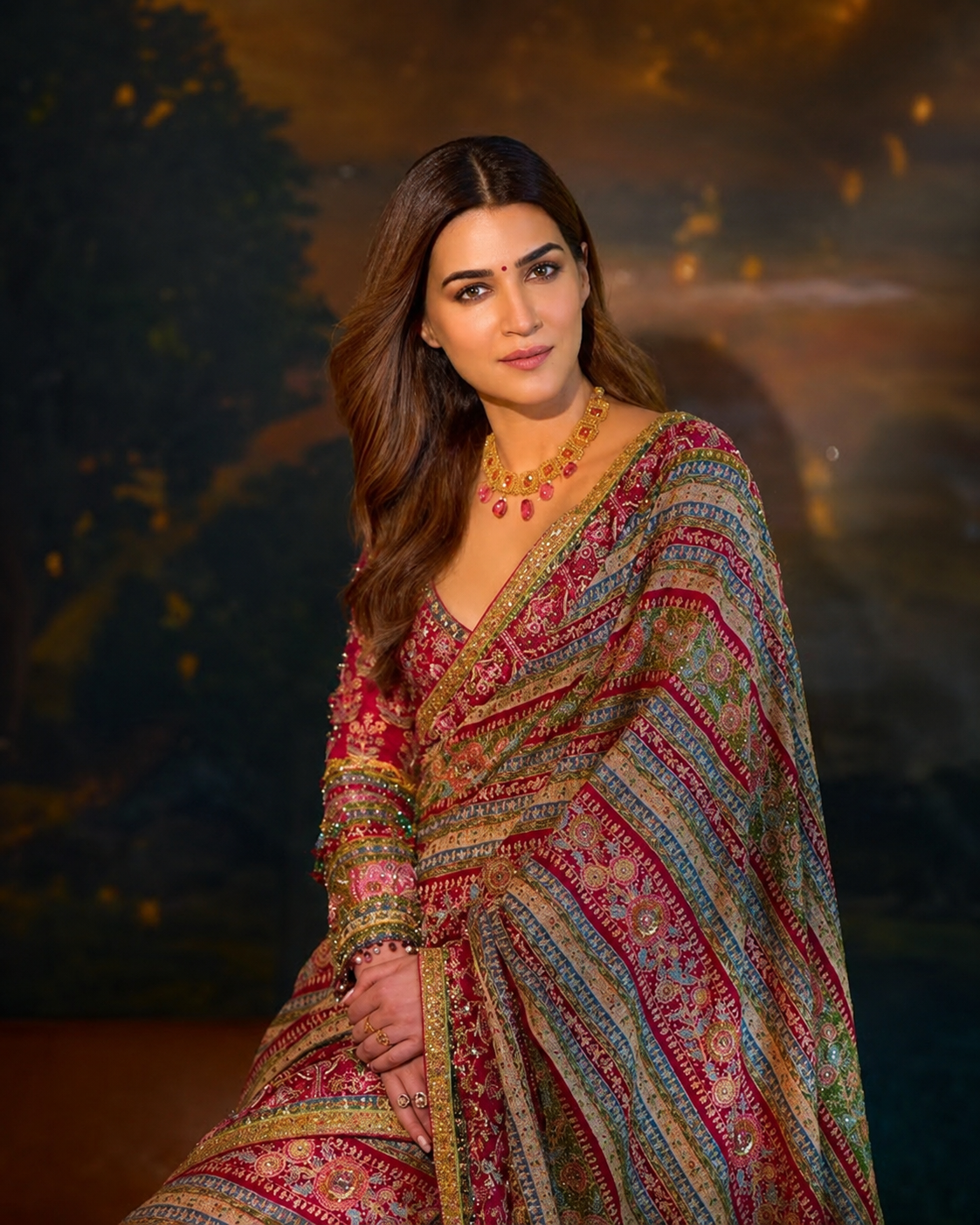 Kriti Sanon inspired premium Banarasi zari tissue silk saree with zari weaving, sequins, foil mirror handwork and running blouse.