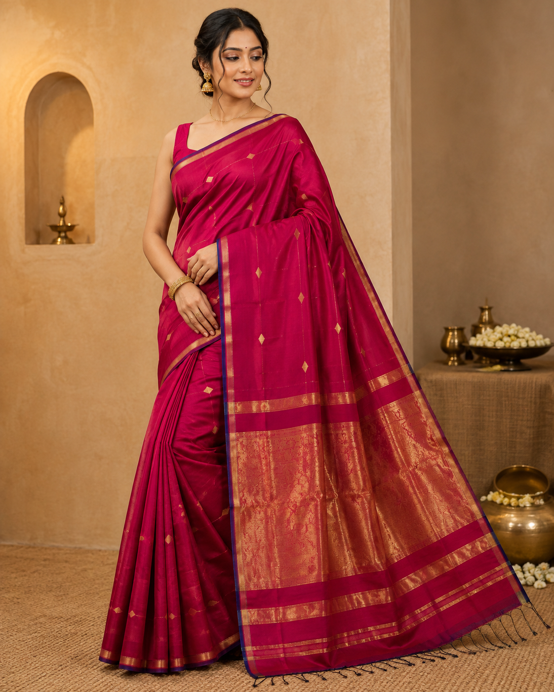 Maheshwari Handloom Silk By Cotton Green Saree With Golden Zari Border & Butti