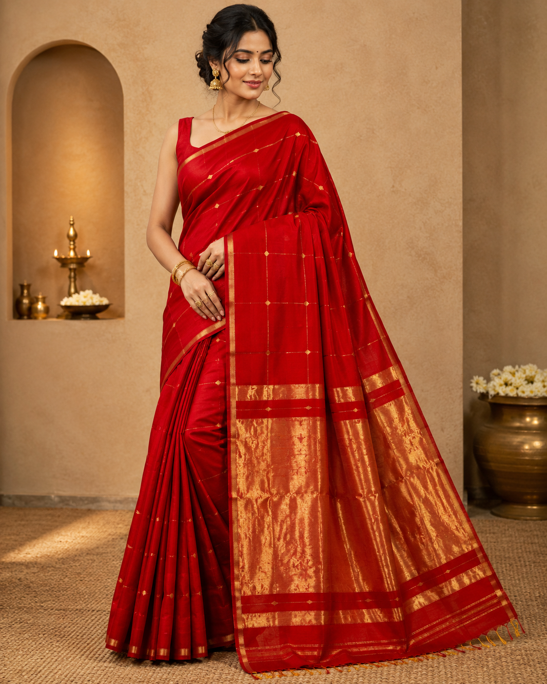 Maheshwari Handloom Silk By Cotton Golden Jari Border Lotus Buta Saree