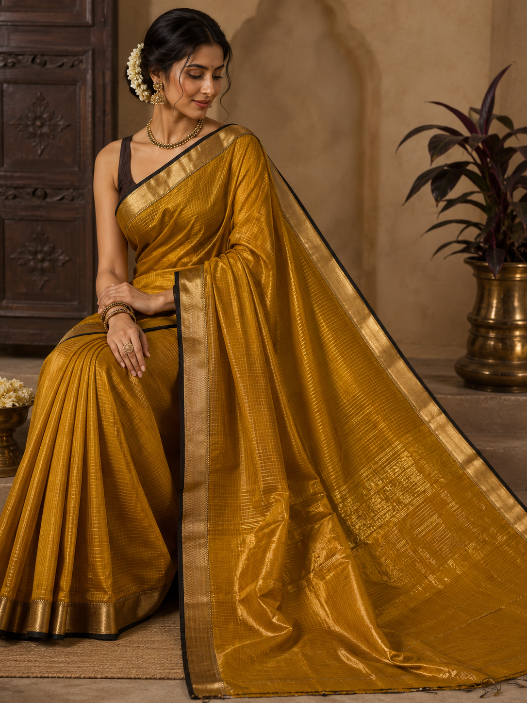 Maheshwari Handloom Silk Saree with Cotton & Golden Jari Border