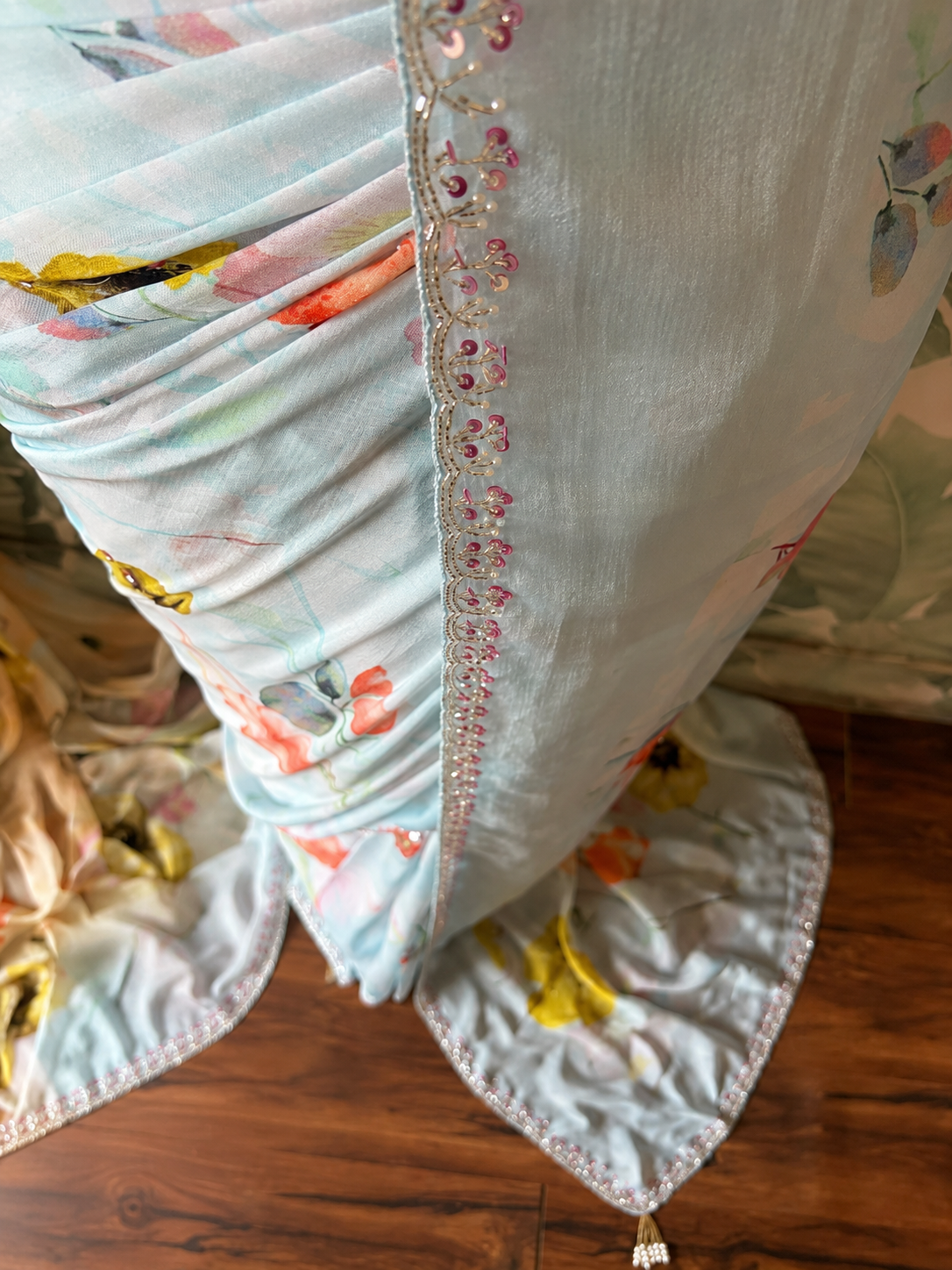 Exclusive Premium Pure Chinnon Silk Sky Blue Saree Embellished With Intricate Pearl Sequins Cut Daana Handwork