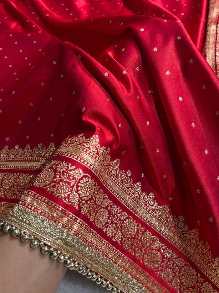 Banarasi Satin Katan Saree in Cross Red Shade with Gotta Patti Work