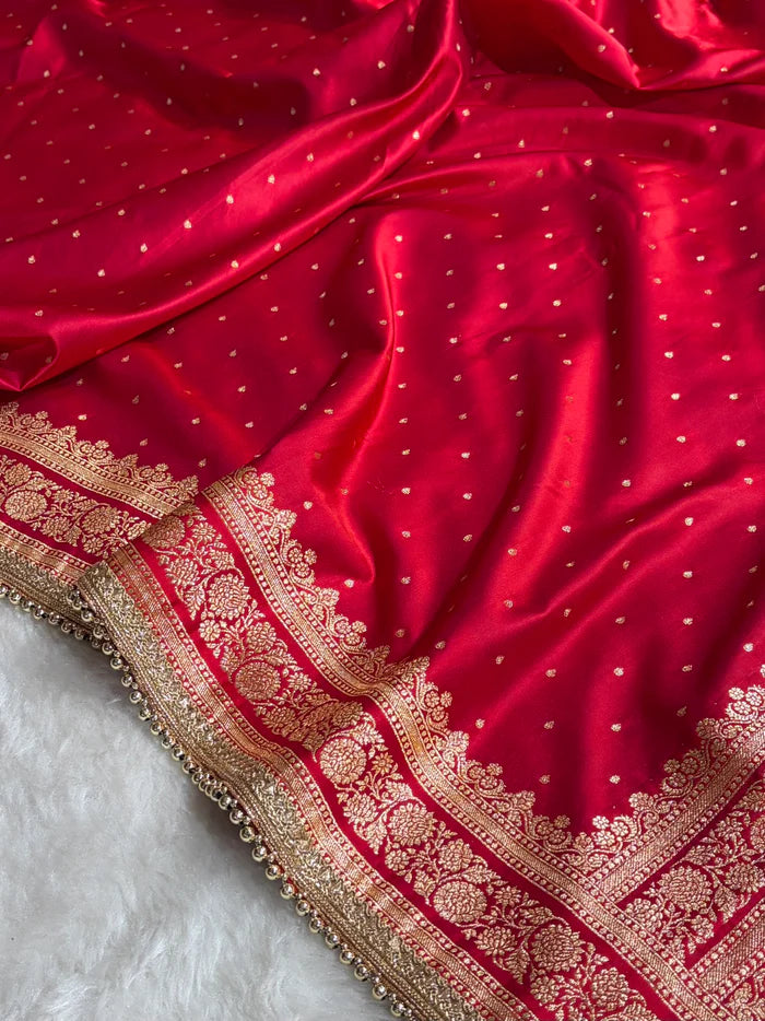 Banarasi Satin Katan Saree in Cross Red Shade with Gotta Patti Work
