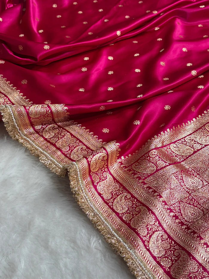 Banarasi Satin Katan Saree in Cross Rani Shade with Gotta Patti Boota