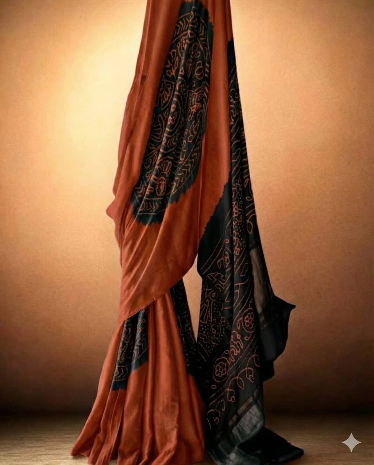 Fiery Elegance – Rust Orange & Black Pure Gajji Silk Bandhani Saree