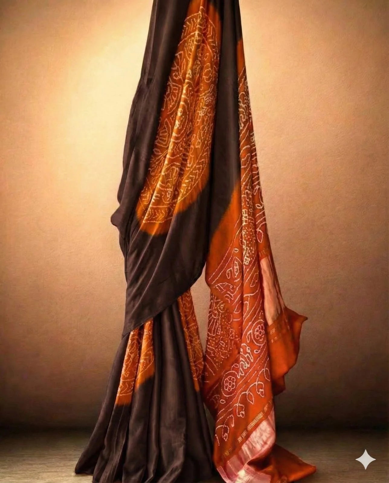 Earthy Elegance – Dark Brown & Rust Orange Pure Gajji Silk Bandhani Saree