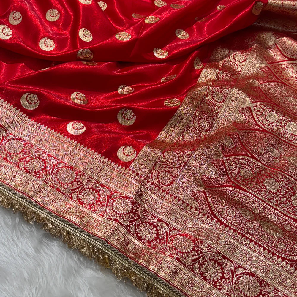 Royal Red Chand Tara Satin Katan Silk Saree with Gotta Patti Work