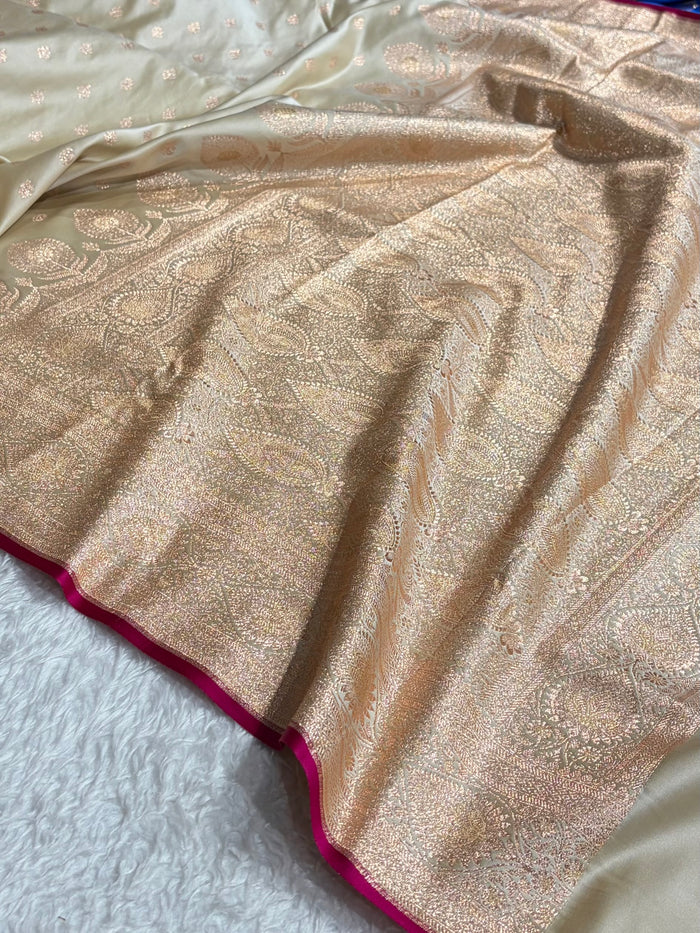 Light Beige Blended Satin Katan Silk Saree – Subtle Sophistication in Every Thread
