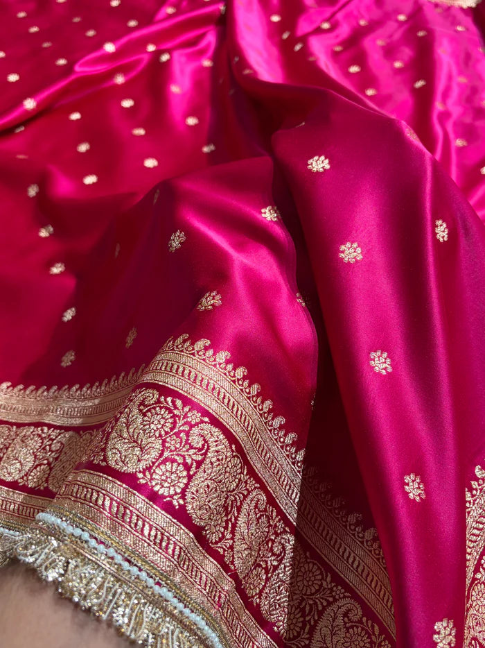 Banarasi Satin Katan Saree in Cross Rani Shade with Gotta Patti Boota