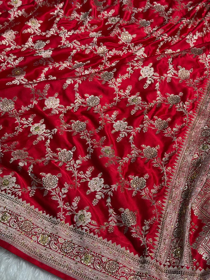 Luxurious Red Satin Katan Silk Saree with Ari & Swarovski Work