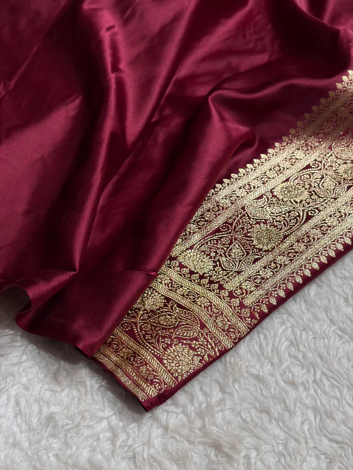 Banarasi Chocolate Shade Satin Katan Silk Saree with Swarovski & Zardozi Work