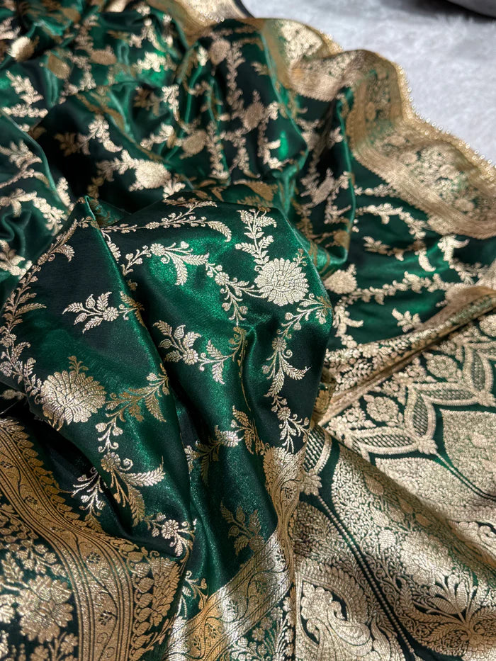 Elegant Bottle Green Banarasi Jaal Satin Katan Silk Saree with Gotta Patti Work