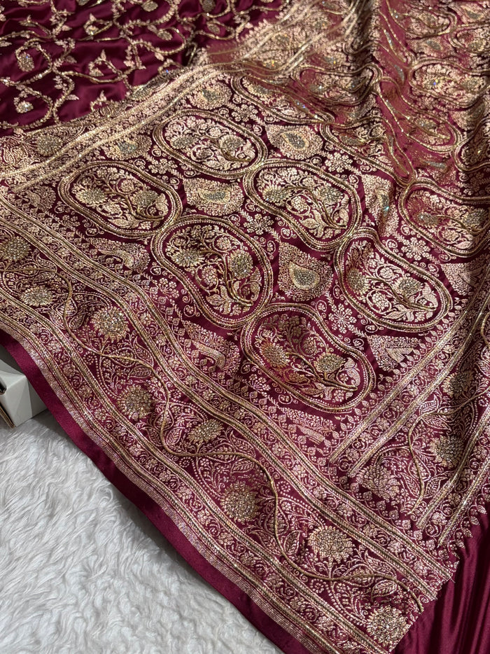 Banarasi Chocolate Shade Satin Katan Silk Saree with Swarovski & Zardozi Work