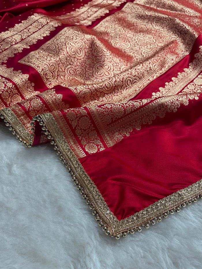 Banarasi Satin Katan Saree in Cross Red Shade with Gotta Patti Work