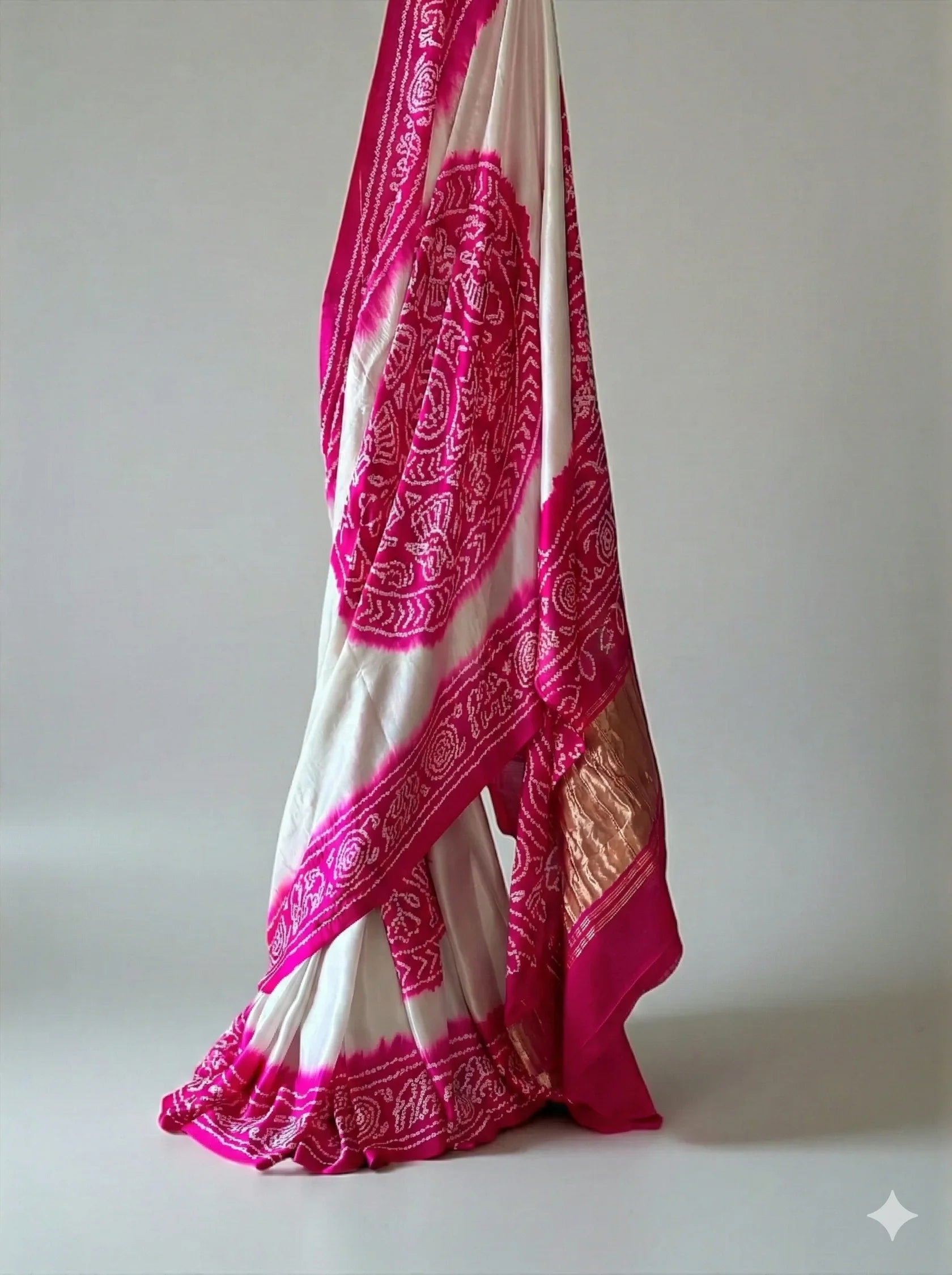 Royal Contrast – Gajji Silk Rasmandal Bandhej in White & Rani Pink