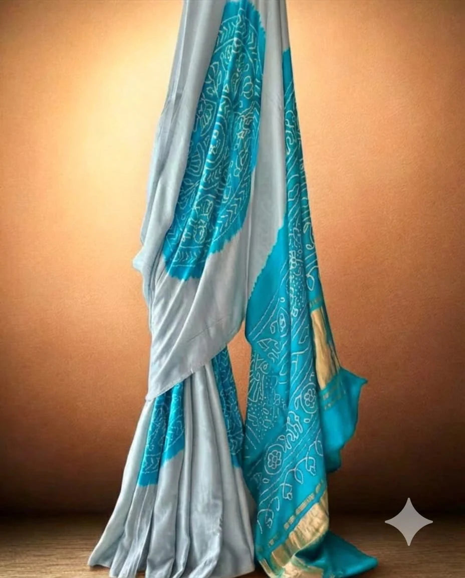 Elegant Contrast – Teal & Silver Grey Gajji Silk Saree with Lagadi Patta